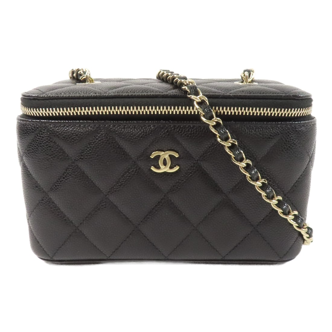 CHANEL AP3034 CC Chain Shoulder Vanity Bag Black Calfskin: CHANEL AP3034 CC Chain Shoulder Vanity Bag Black Calfskin CHANEL vanity case chain shoulder bag in black calfskin leather with CC GHW styling. This women's shoulder bag features an interior with three