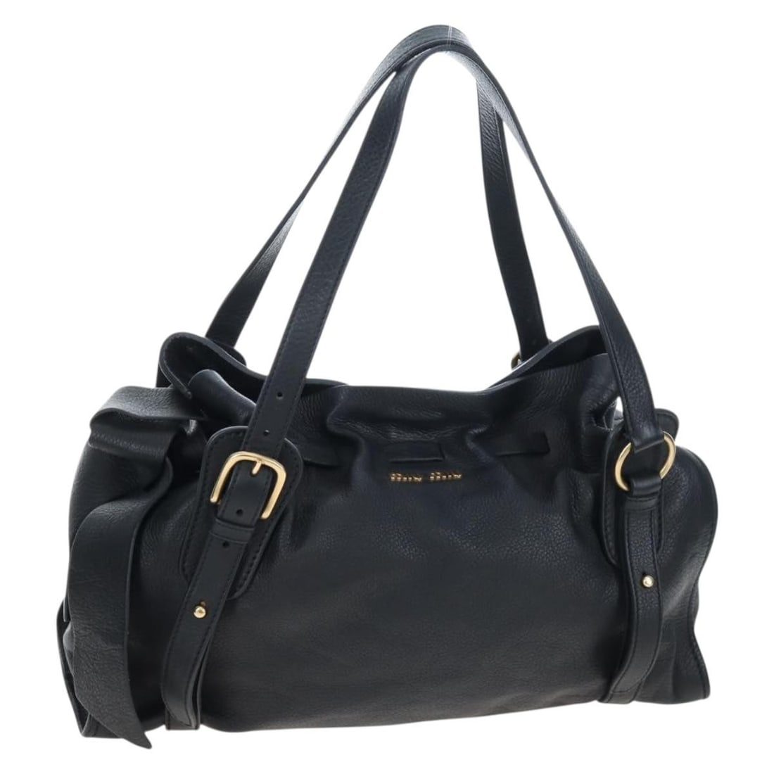 Miu Miu RR1312 Black Leather Tote Bag with Side Ribbon Dust Bag: Miu Miu RR1312 Black Leather Tote Bag with Side Ribbon Dust Bag Black leather tote bag from the RR1312 line with side ribbon detailing and gold-tone accents. Made in Italy, this women's tote includes 