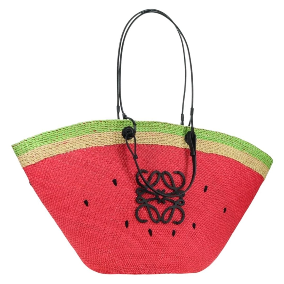 LOEWE Red Raffia Tote with Shoulder Strap 2way: LOEWE Red Raffia Tote with Shoulder Strap 2way This LOEWE Watermelon Tote Bag is crafted from wood and features a vibrant red exterior. Designed as a 2-way tote, it offers versatility with both