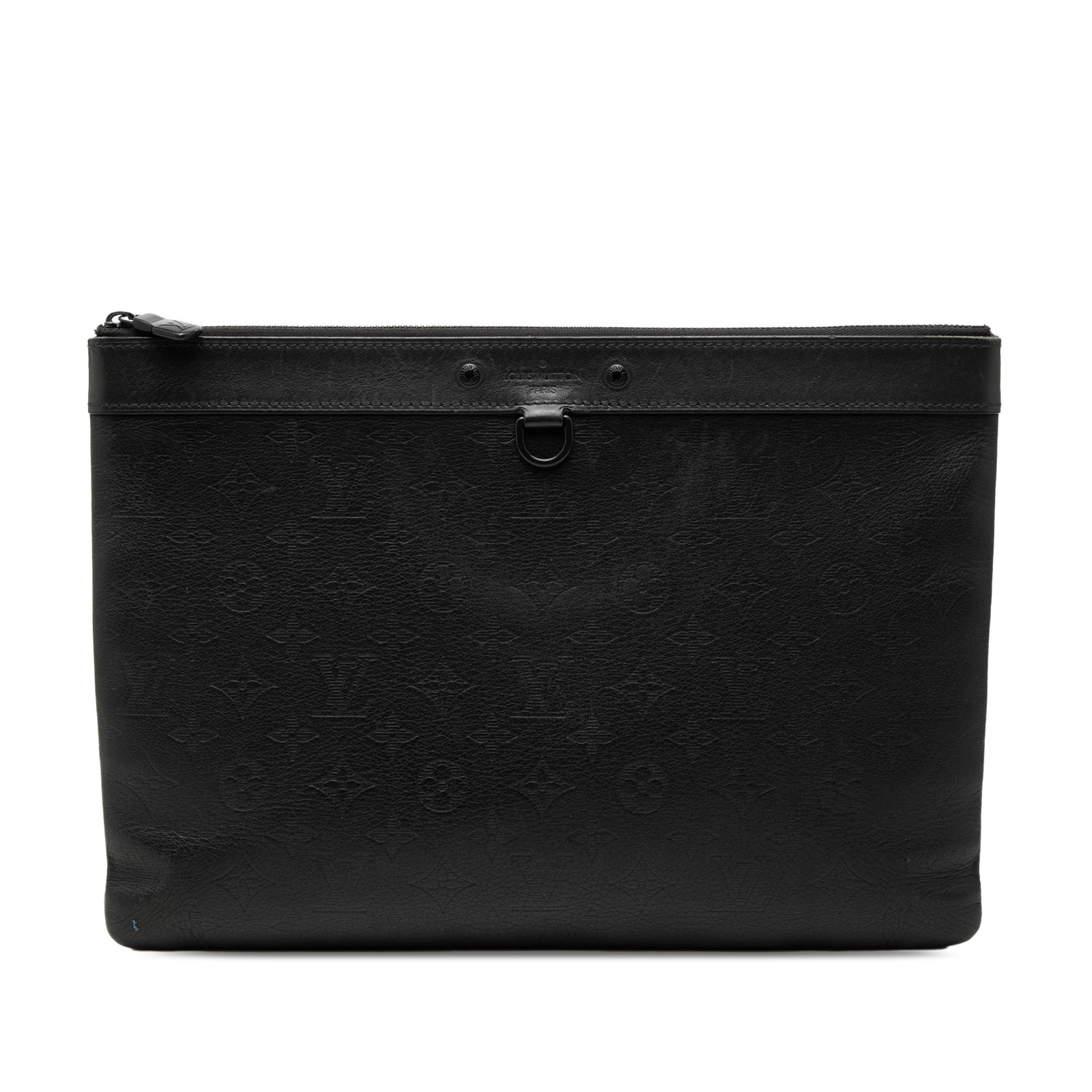 Louis Vuitton Monogram Shadow Leather Pochette: Louis Vuitton Monogram Shadow Leather Pochette This Louis Vuitton Monogram Shadow Discovery Pochette features a sleek black leather body with a top zip closure and an interior slip pocket. Made in Spa