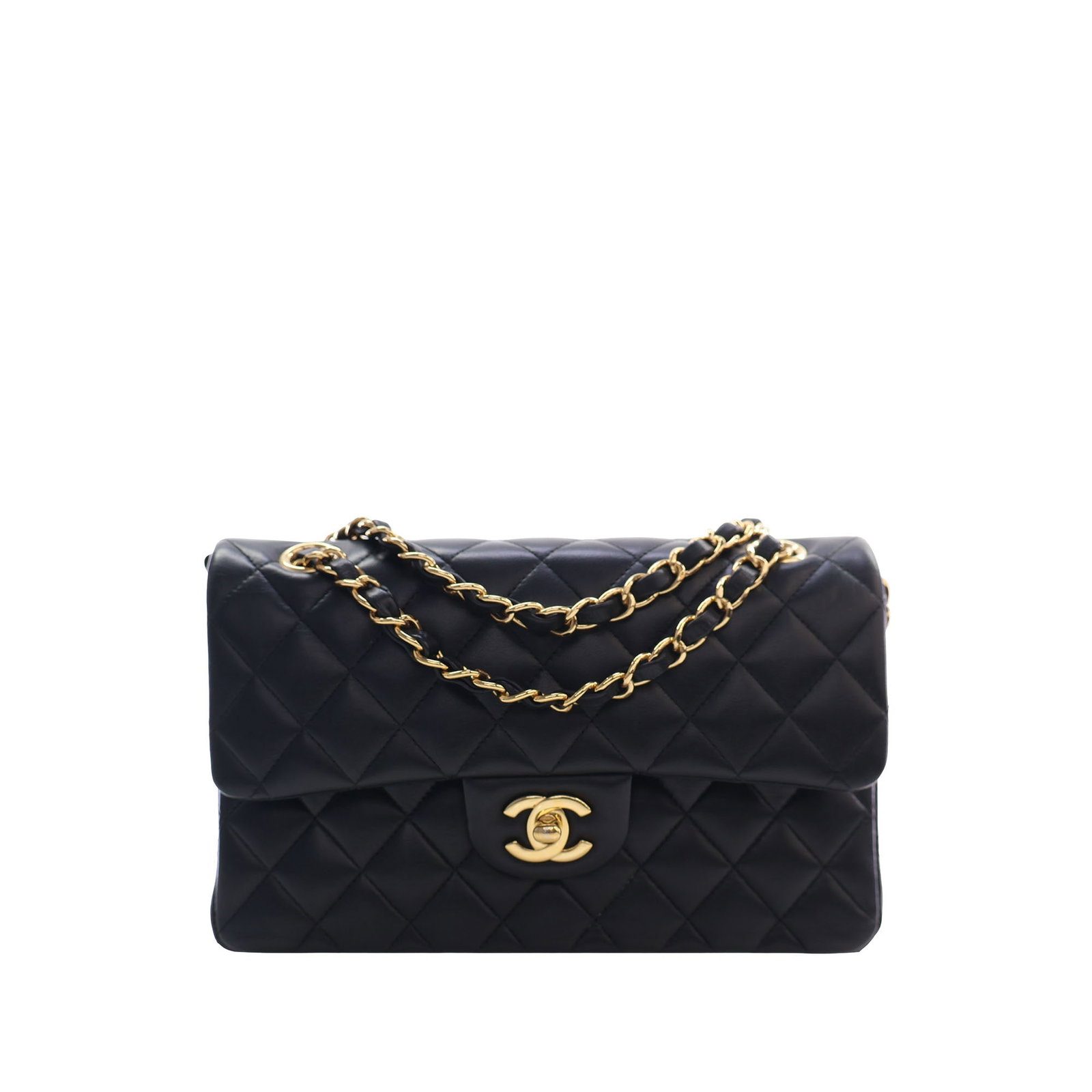 Chanel Small Classic Double Flap Shoulder Bag Black Lambskin: Chanel Small Classic Double Flap Shoulder Bag Black Lambskin Small Classic Lambskin Double Flap shoulder bag in black quilted lambskin with a back slip pocket, leather-woven chain straps, double front