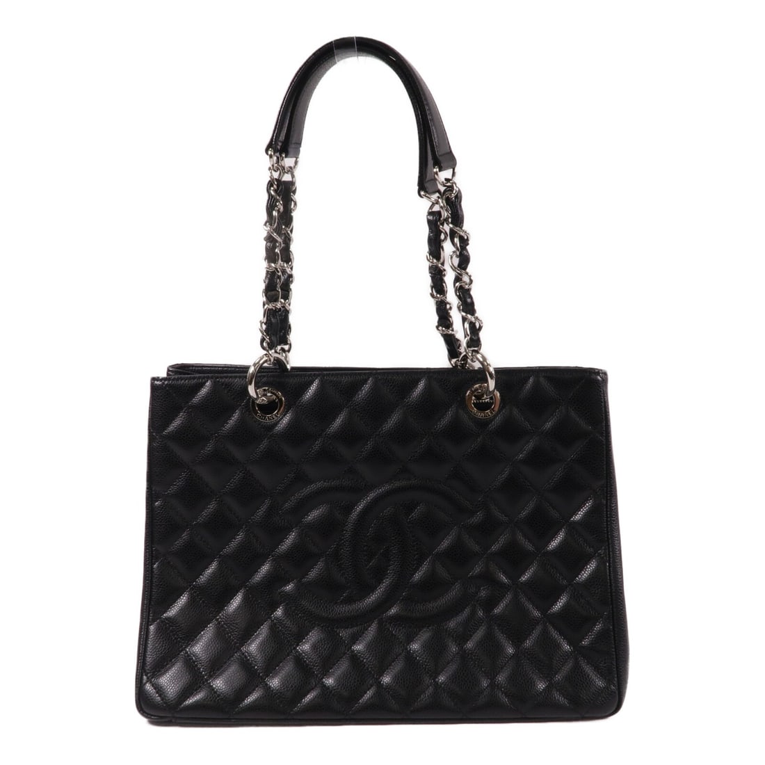 CHANEL A50995 GST shoulder tote in black calfskin with silver tone CC: CHANEL A50995 GST shoulder tote in black calfskin with silver tone CC A CHANEL Grand Shopping Tote shoulder bag in black calfskin leather. This GST model features a structured tote design with dual to
