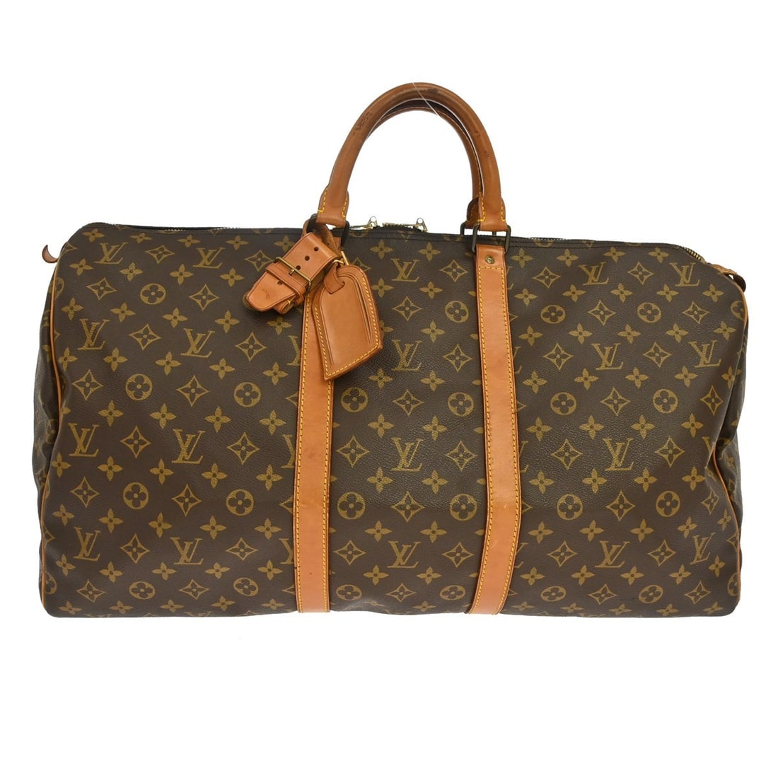 Louis Vuitton Keepall 55 Monogram Canvas Duffle Bag M41424: Louis Vuitton Keepall 55 Monogram Canvas Duffle Bag M41424 Vintage Louis Vuitton Keepall 55 travel handbag in Monogram canvas with leather trim and double handles. This extra-large duffle-style bag fe