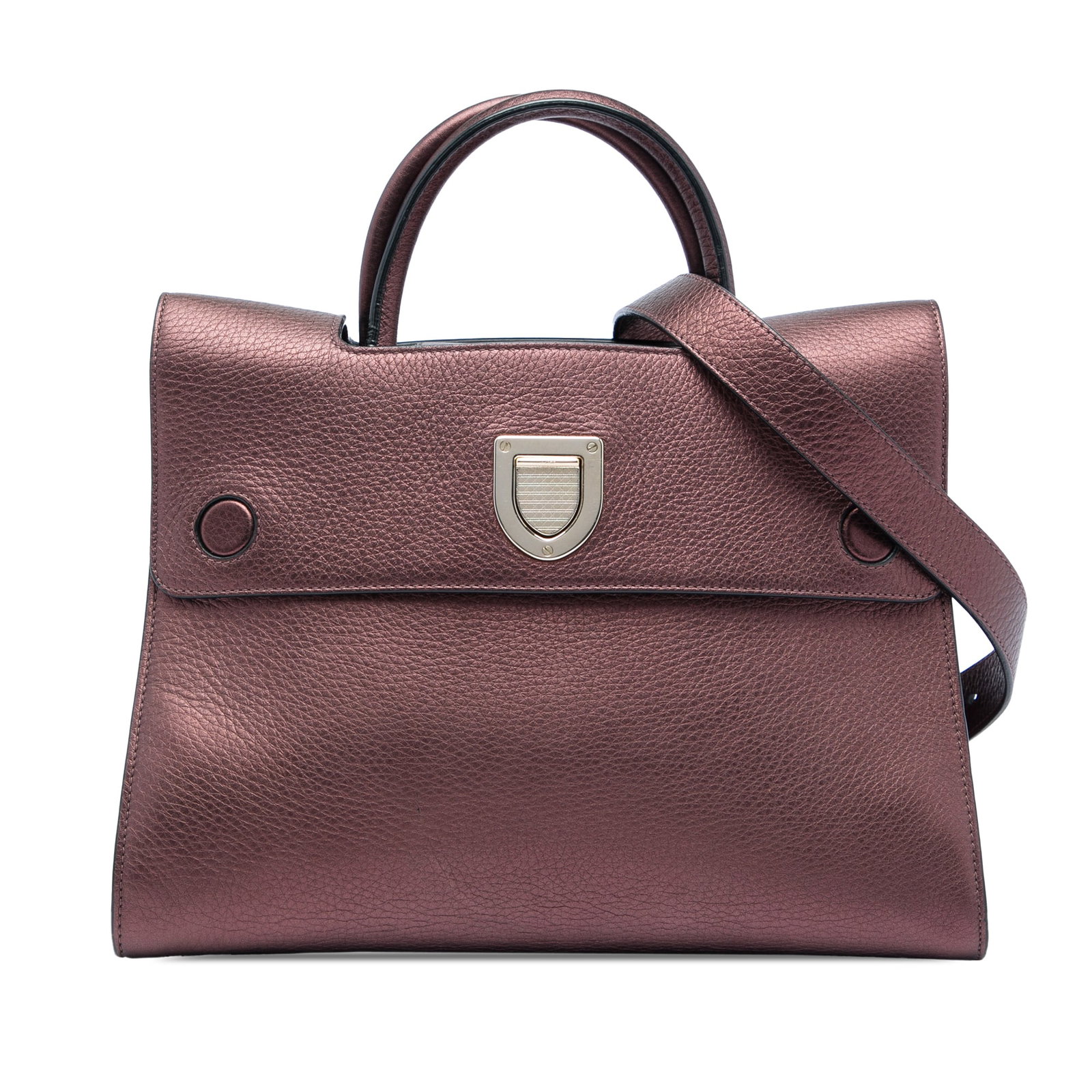 Dior Diorever Medium Red Metallic Grained Calfskin Handbag: Dior Diorever Medium Red Metallic Grained Calfskin Handbag Medium Diorever satchel in metallic grained calfskin with rolled top handles, a detachable flat leather strap, and a top flap with push-lock 