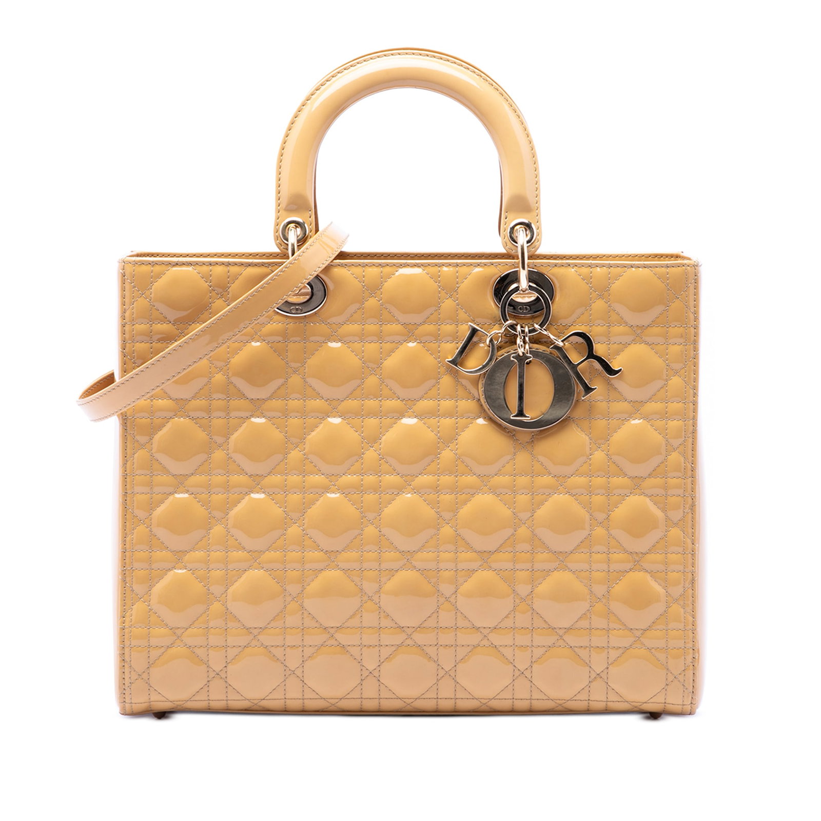 Dior Lady Dior Large Cannage Patent Leather Handbag Beige: Dior Lady Dior Large Cannage Patent Leather Handbag Beige Large Lady Dior bag in beige patent leather with the Cannage design. It features flat leather handles, a detachable flat leather strap, a top 