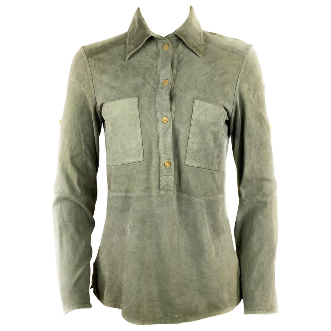 Celine suede shirt top olive gray green FR 38: Celine suede shirt top olive gray green FR 38 A Celine button-down shirt top in grey green olive suede, presented in size FR 38. It features a half front button closure, collar detail, one pocket on e