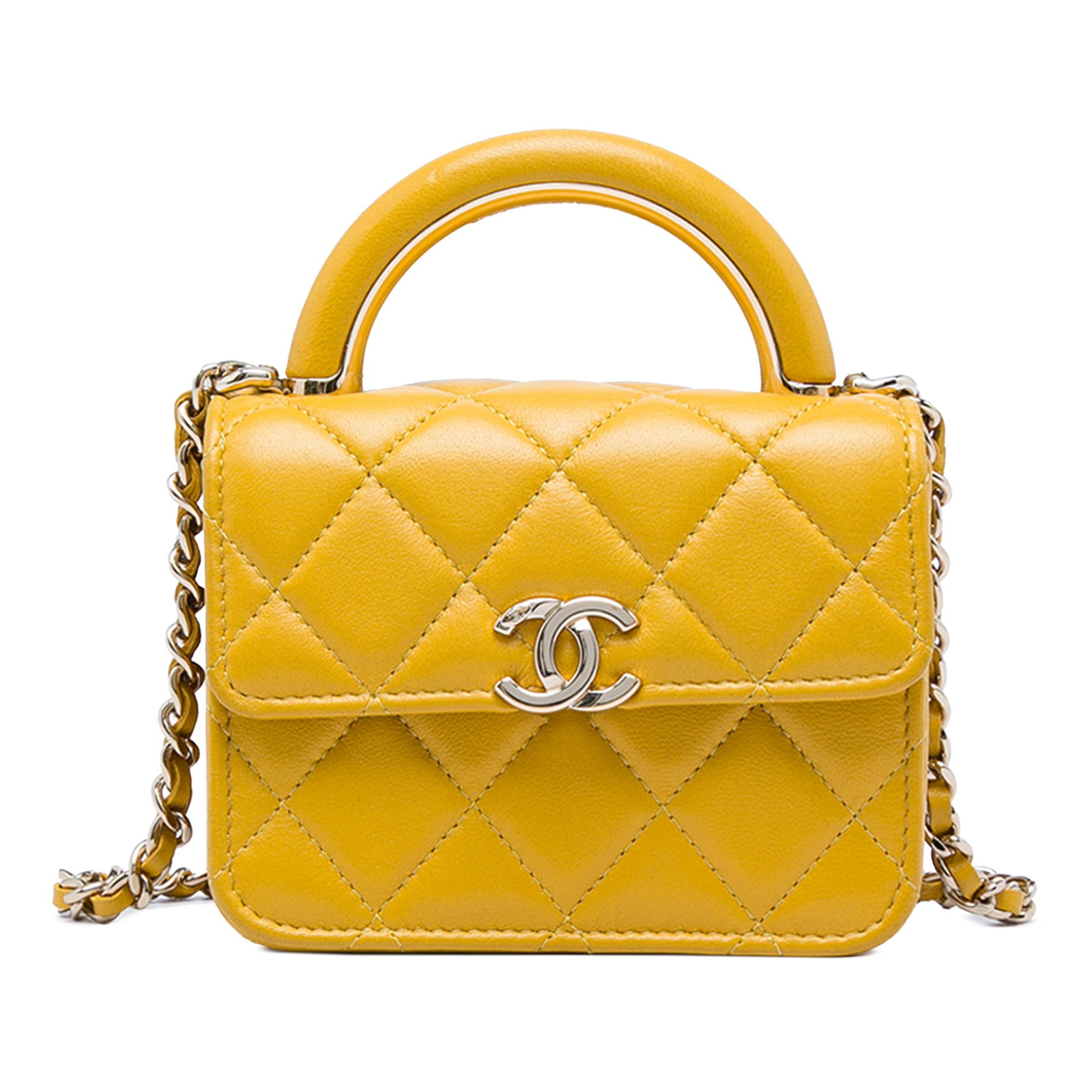 Chanel Paris Le19M Charming Mini Top Handle Flap Bag Yellow Lambskin: Chanel Paris Le19M Charming Mini Top Handle Flap Bag Yellow Lambskin Chanel Mini Lambskin Paris Le19M Charming Top Handle Flap satchel in yellow quilted lambskin leather. This bag features a rolled le