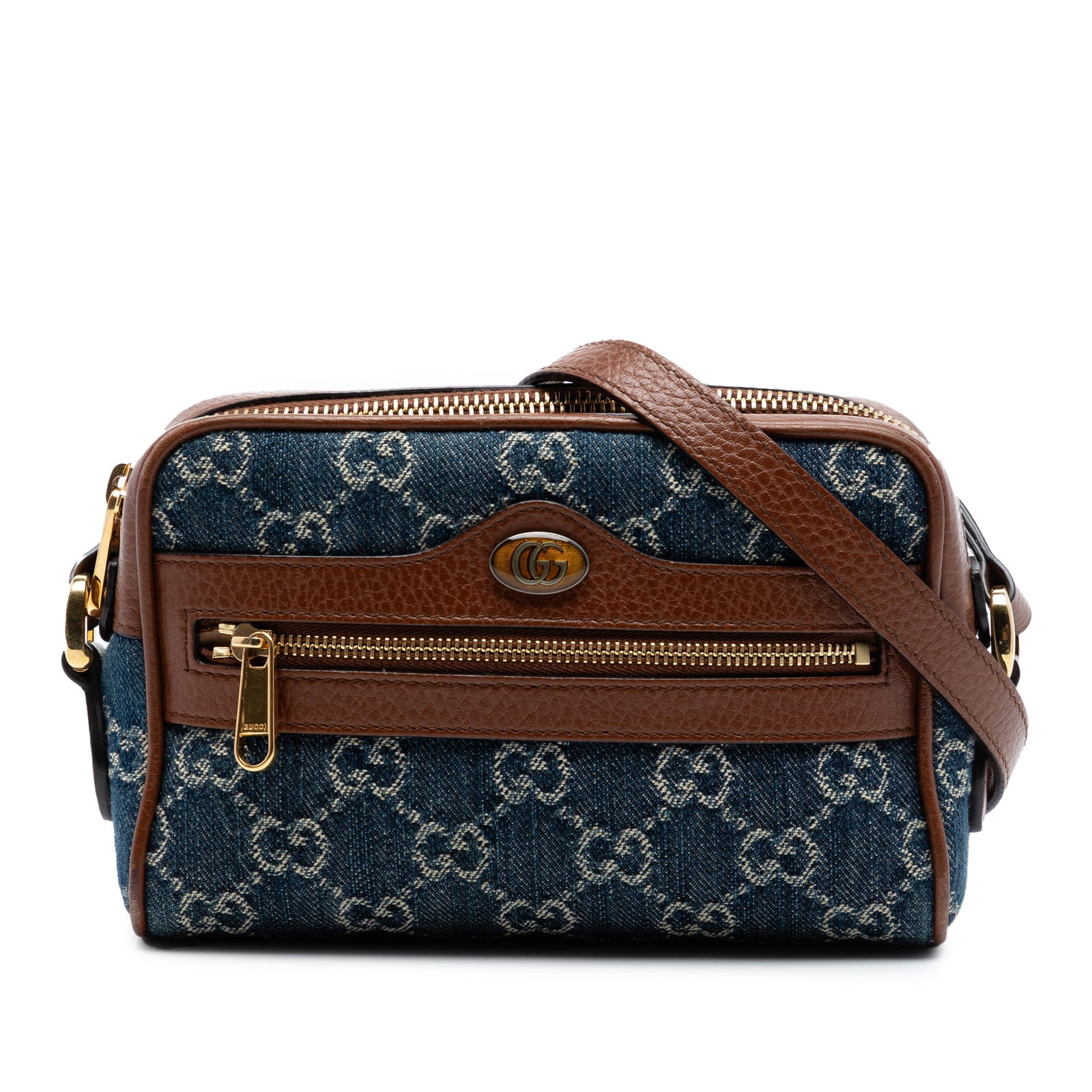 Gucci Ophidia Mini GG Denim Crossbody Bag Blue: Gucci Ophidia Mini GG Denim Crossbody Bag Blue Gucci Mini GG Denim Ophidia Crossbody bag in blue fabric with leather trim. It features an adjustable flat leather strap, top zip closure, exterior front