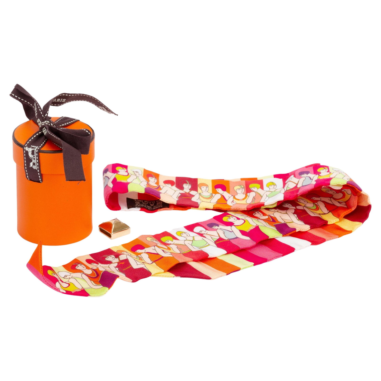 Hermes Swimmers Twilly Scarf Silk Red Orange with Scarf Ring: Hermes Swimmers Twilly Scarf Silk Red Orange with Scarf Ring Elevate your accessory collection with this exquisite Hermes Swimmers Twilly. Crafted from luxurious silk, this twilly features a striking 