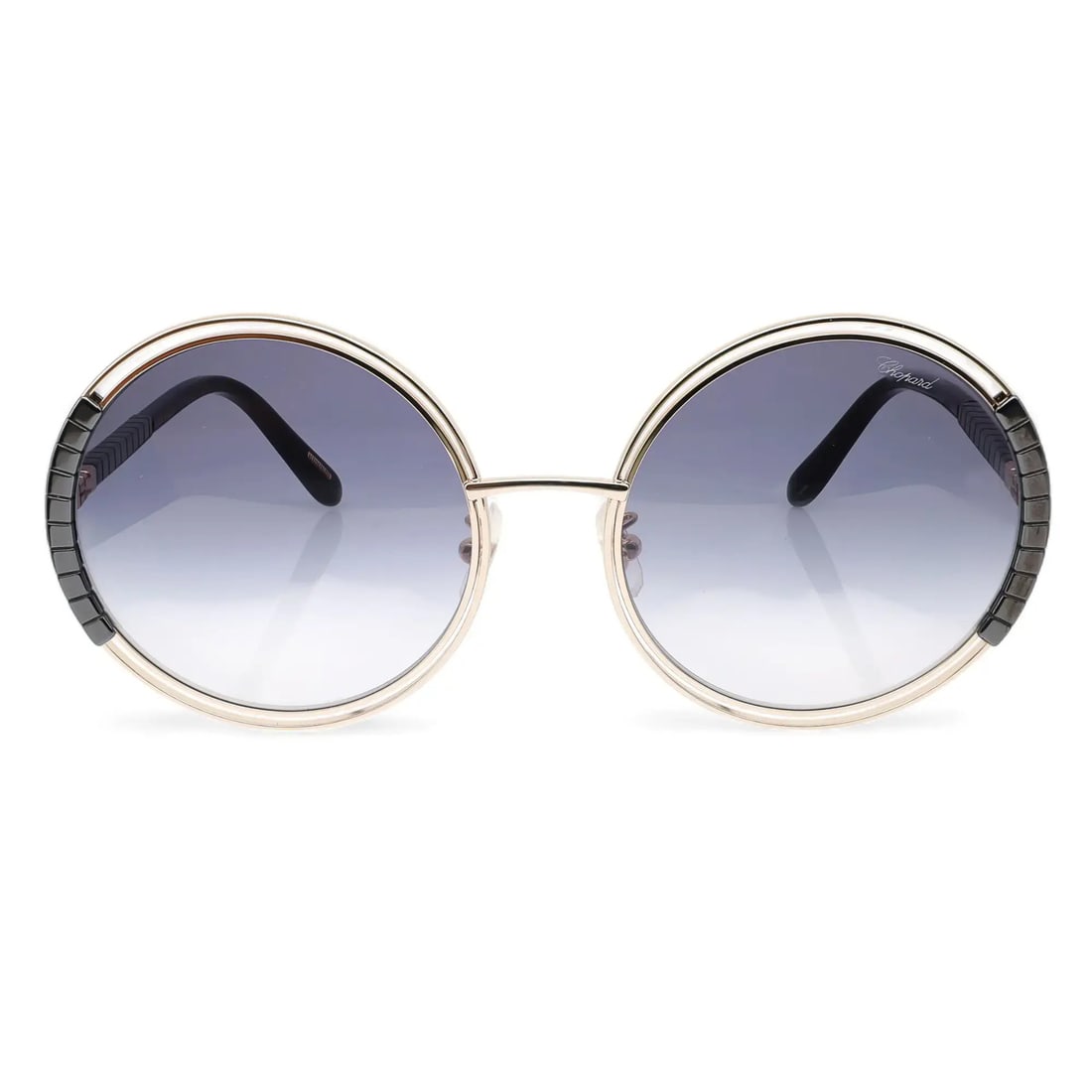 Chopard 95221-0434 Rose Gold Round Sunglasses with Smoke Gradient Lenses: Chopard 95221-0434 Rose Gold Round Sunglasses with Smoke Gradient Lenses Experience luxury and style with the Chopard Shiny Rose Gold Metal Sunglasses 95221-0434. These round sunglasses feature a chic