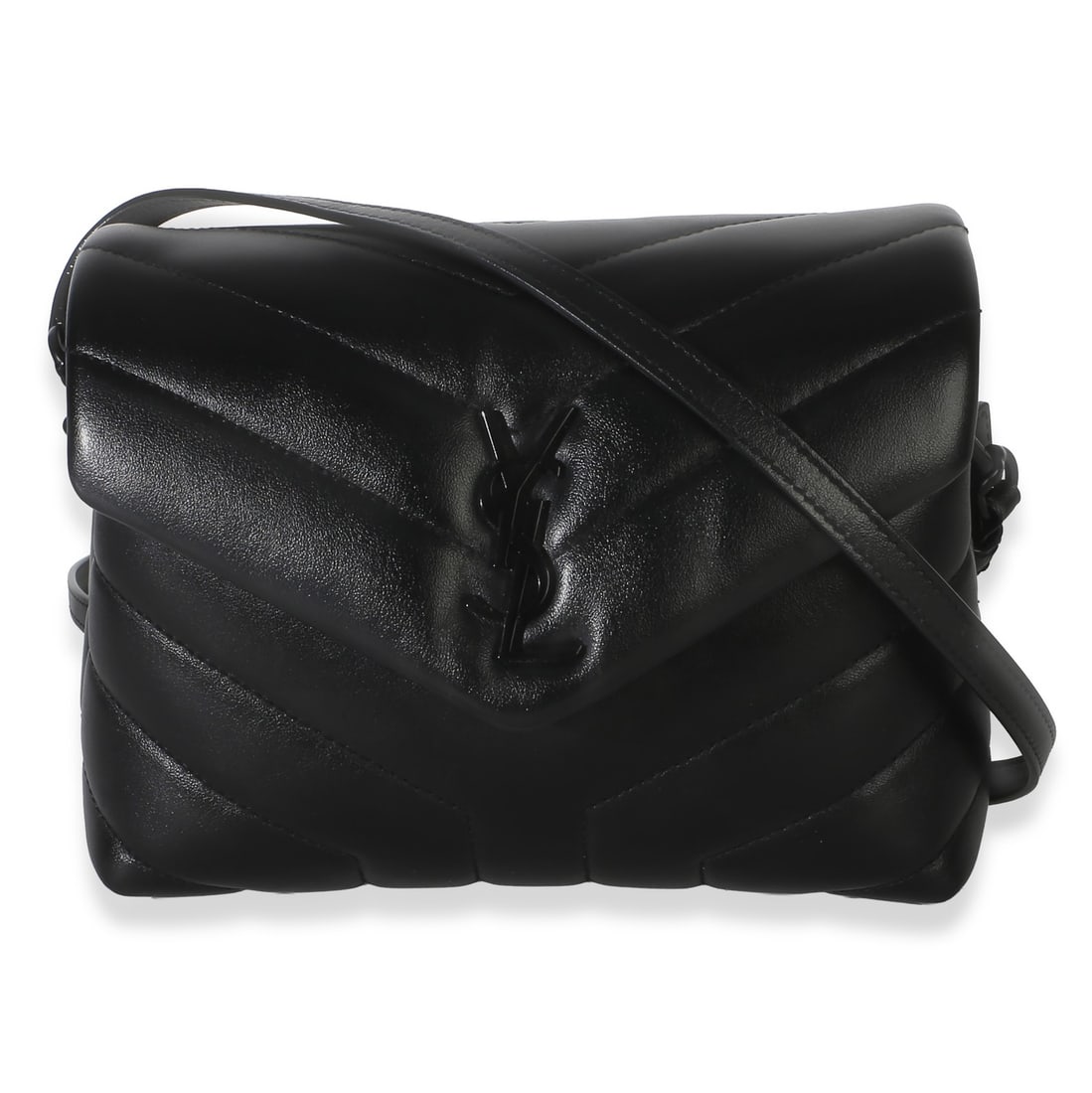 Saint Laurent Toy Loulou black leather quilted crossbody bag: Saint Laurent Toy Loulou black leather quilted crossbody bag Saint Laurent Toy Loulou crossbody bag in black quilted calfskin with a monochrome matte-black finish. This pre-owned unisex bag features a