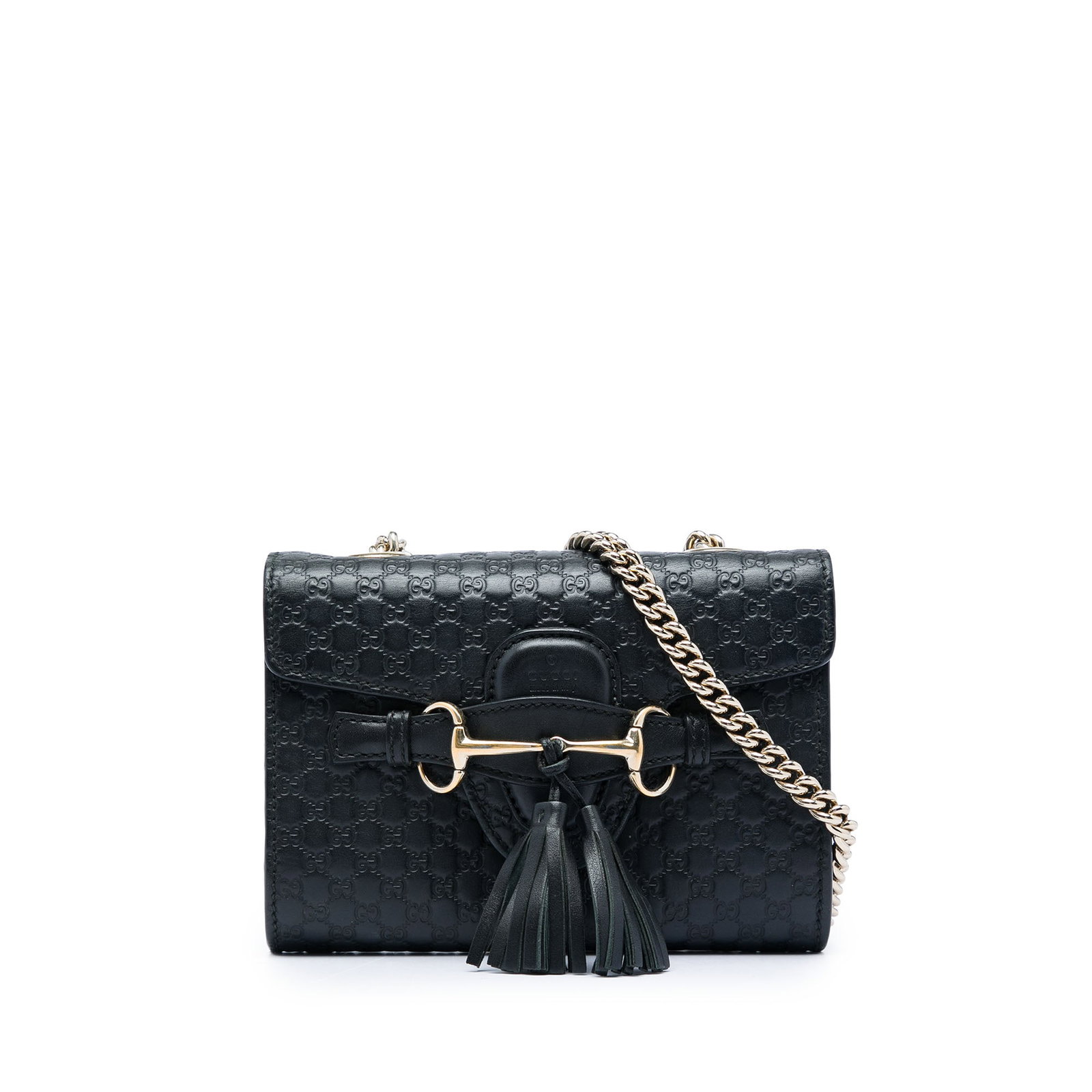 Gucci Emily Mini Crossbody Bag in Black Microguccissima Leather: Gucci Emily Mini Crossbody Bag in Black Microguccissima Leather Gucci Mini Microguccissima Emily Crossbody in black embossed leather. This crossbody bag features a curb chain strap, a front flap with 