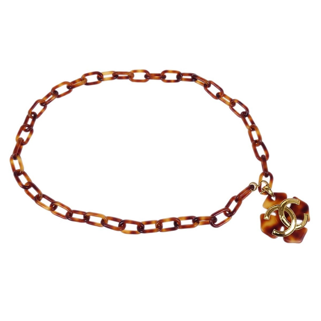 Brown Acrylic Chain Belt with Clover Detail by Chanel Adjustable: Brown Acrylic Chain Belt with Clover Detail by Chanel Adjustable This Chanel women's chain belt features a brown acrylic construction with a clover motif. The belt is adjustable for a customized fit a