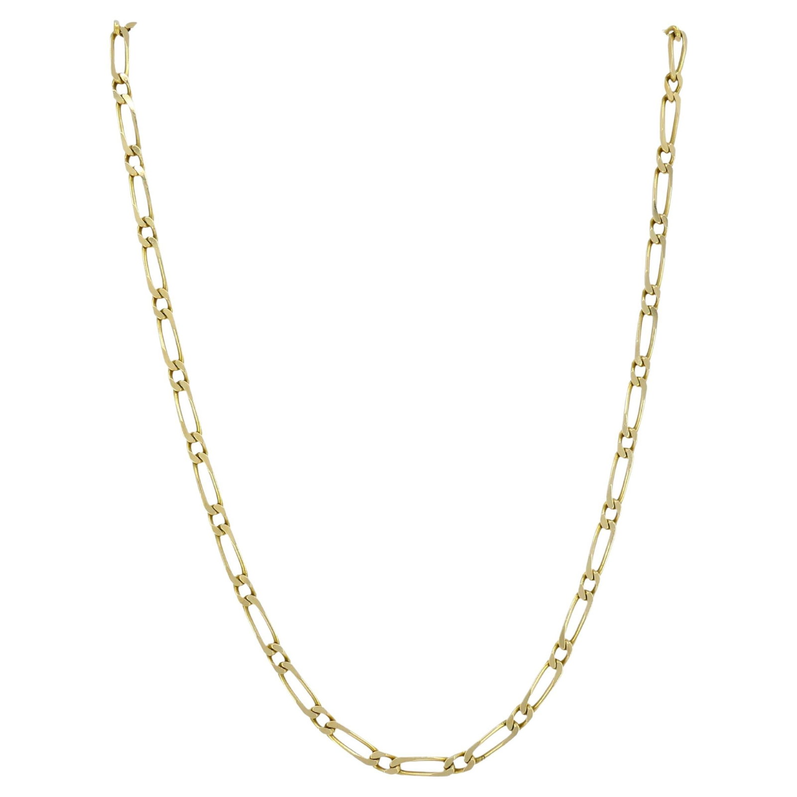 French 18k Yellow Gold Figaro Link Chain Necklace 20 in: French 18k Yellow Gold Figaro Link Chain Necklace 20 in Vintage French chain necklace crafted in 18k yellow gold with classic Figaro links. The smoothly finished links create a fluid drape and a linea