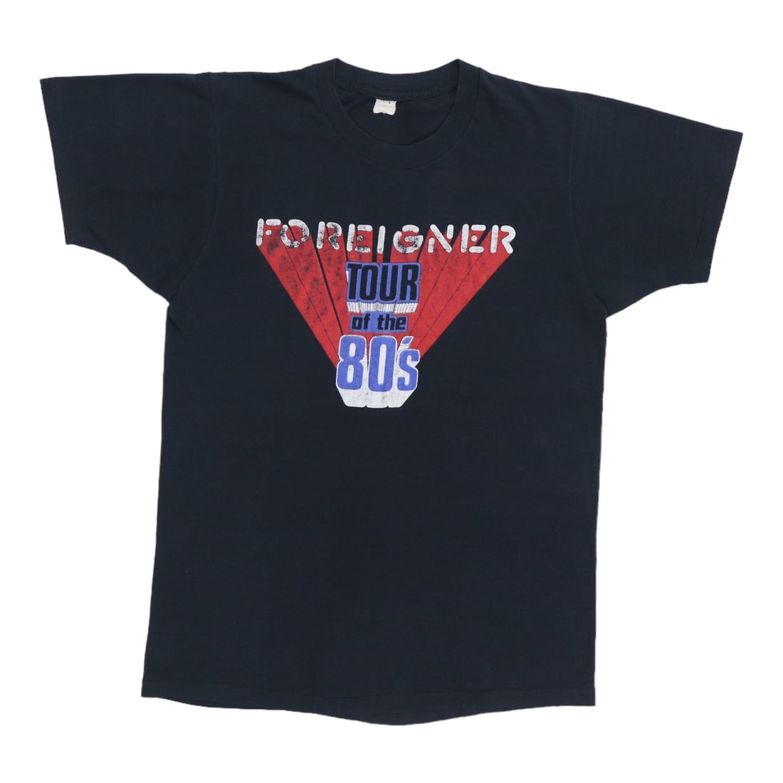 Black 1980s Foreigner Tour Of The 80s Cotton Shirt: Black 1980s Foreigner Tour Of The 80s Cotton Shirt Authentic original vintage Foreigner "Tour Of The 80s" shirt from the 1980s. This black cotton shirt has no back graphics and is noted to be in good 