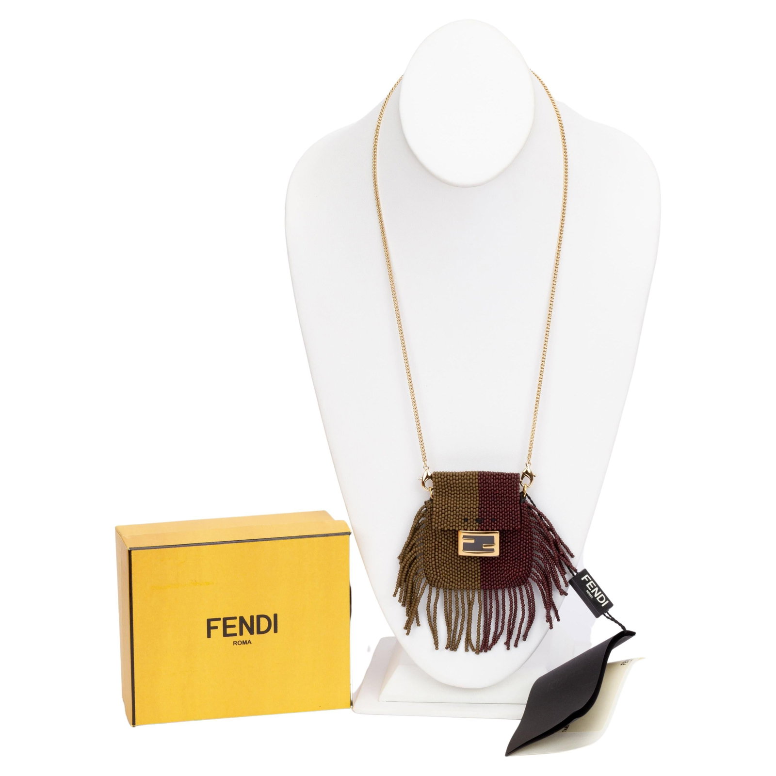 Fendi Micro Beads Baguette Necklace Bag Brown Olive Tassels: Fendi Micro Beads Baguette Necklace Bag Brown Olive Tassels Discover the unique elegance of this Fendi Micro Beads Baguette, a versatile accessory that can be worn as both a necklace and a mini bag.