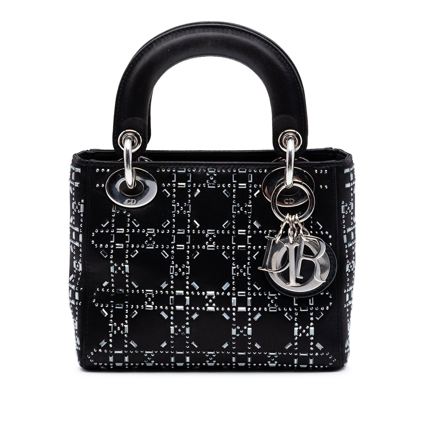 Dior Mini Velvet Cannage Strass Lady Bag Black Satin: Dior Mini Velvet Cannage Strass Lady Bag Black Satin This Mini Velvet Cannage Strass Embellished Lady Dior features a luxurious satin body adorned with crystal embellishments, flat satin handles, a fo