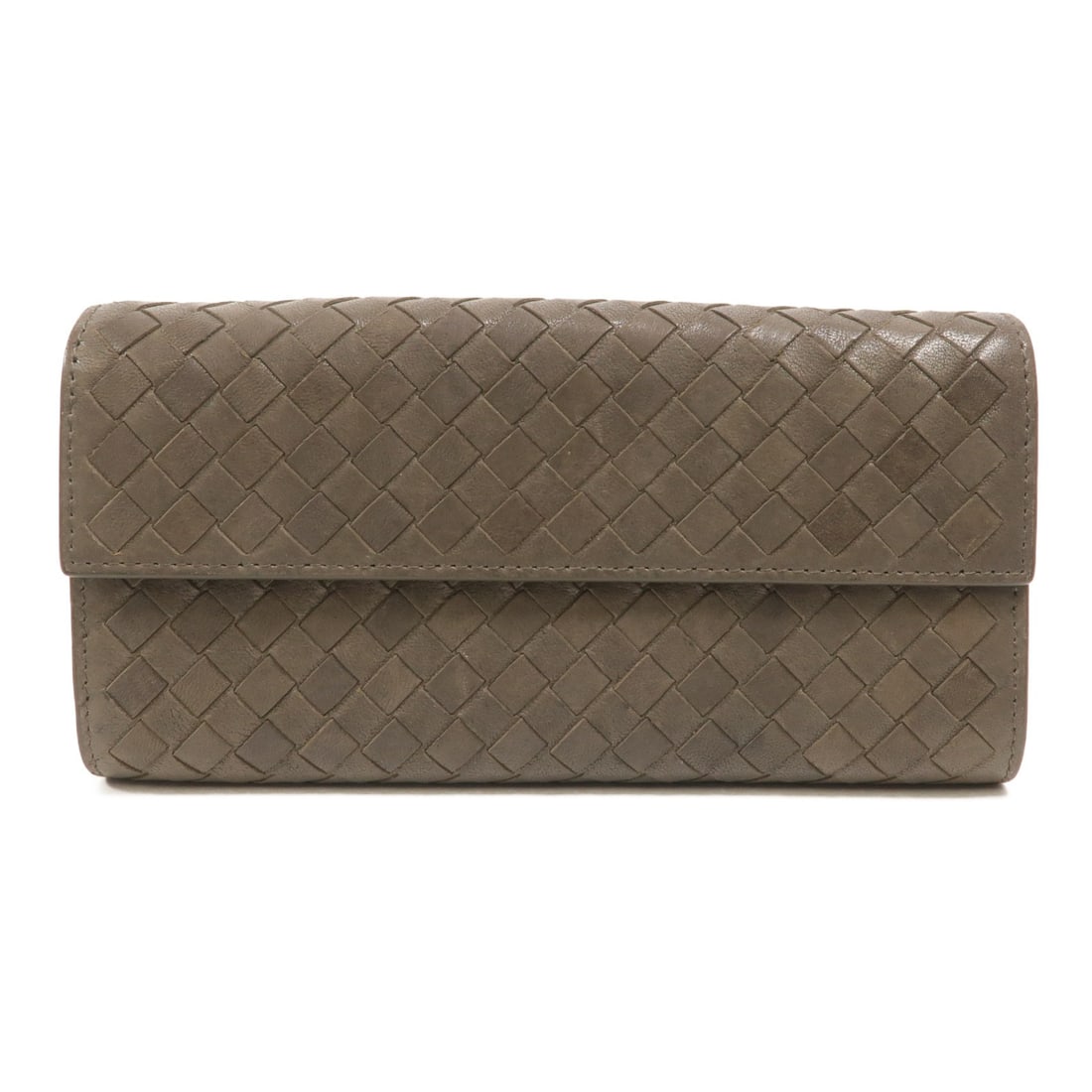 Bottega Veneta gray lambskin bifold long wallet with box: Bottega Veneta gray lambskin bifold long wallet with box Bifold long wallet in gray lambskin leather with a hook button closure, card slots, and a coin case. Made in Italy. Includes storage box. Condi