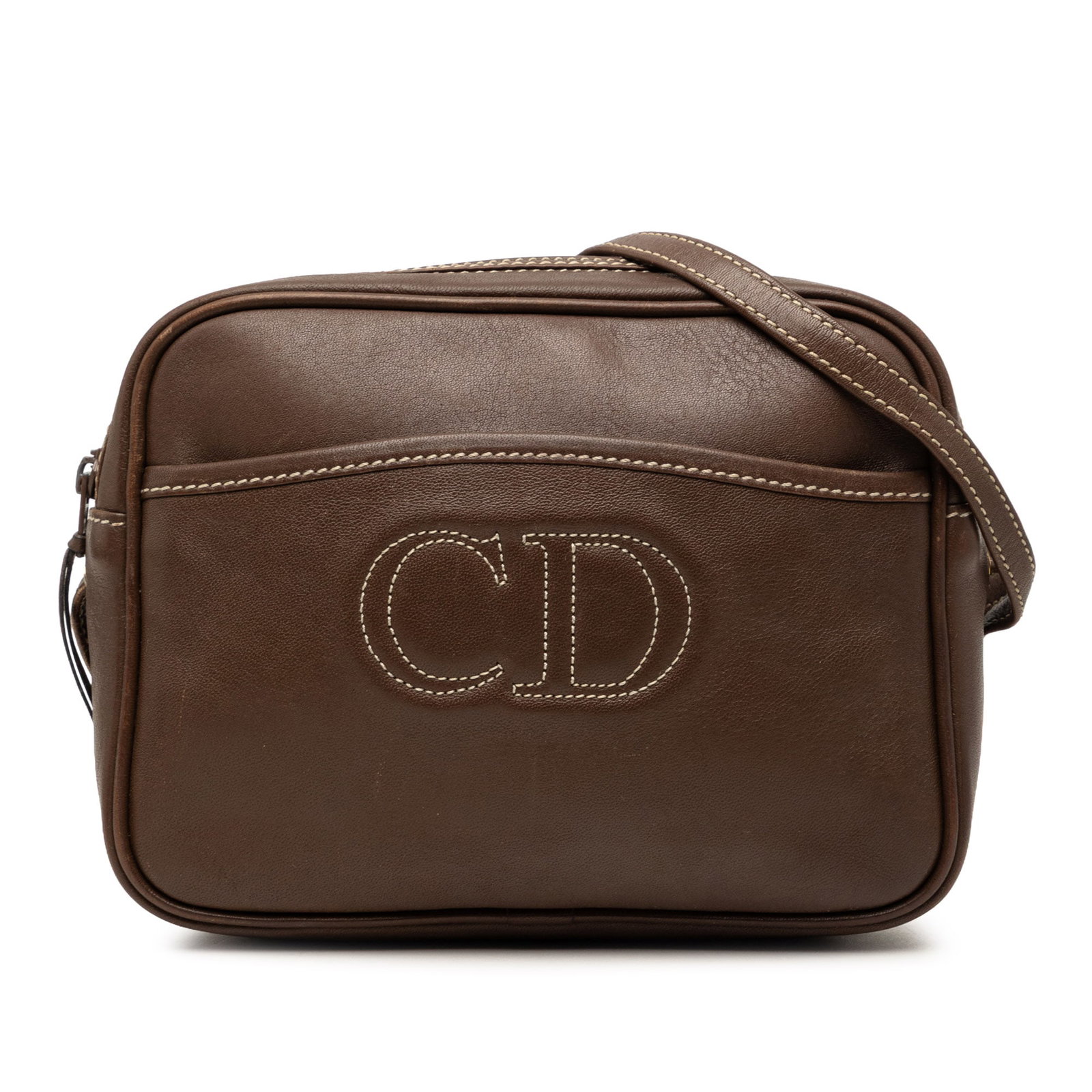 Dior CD Logo Leather Camera Crossbody Bag Brown: Dior CD Logo Leather Camera Crossbody Bag Brown This Dior crossbody camera bag is crafted from leather in brown and features a stitched CD logo design, a flat leather strap, a top zip closure, and an 