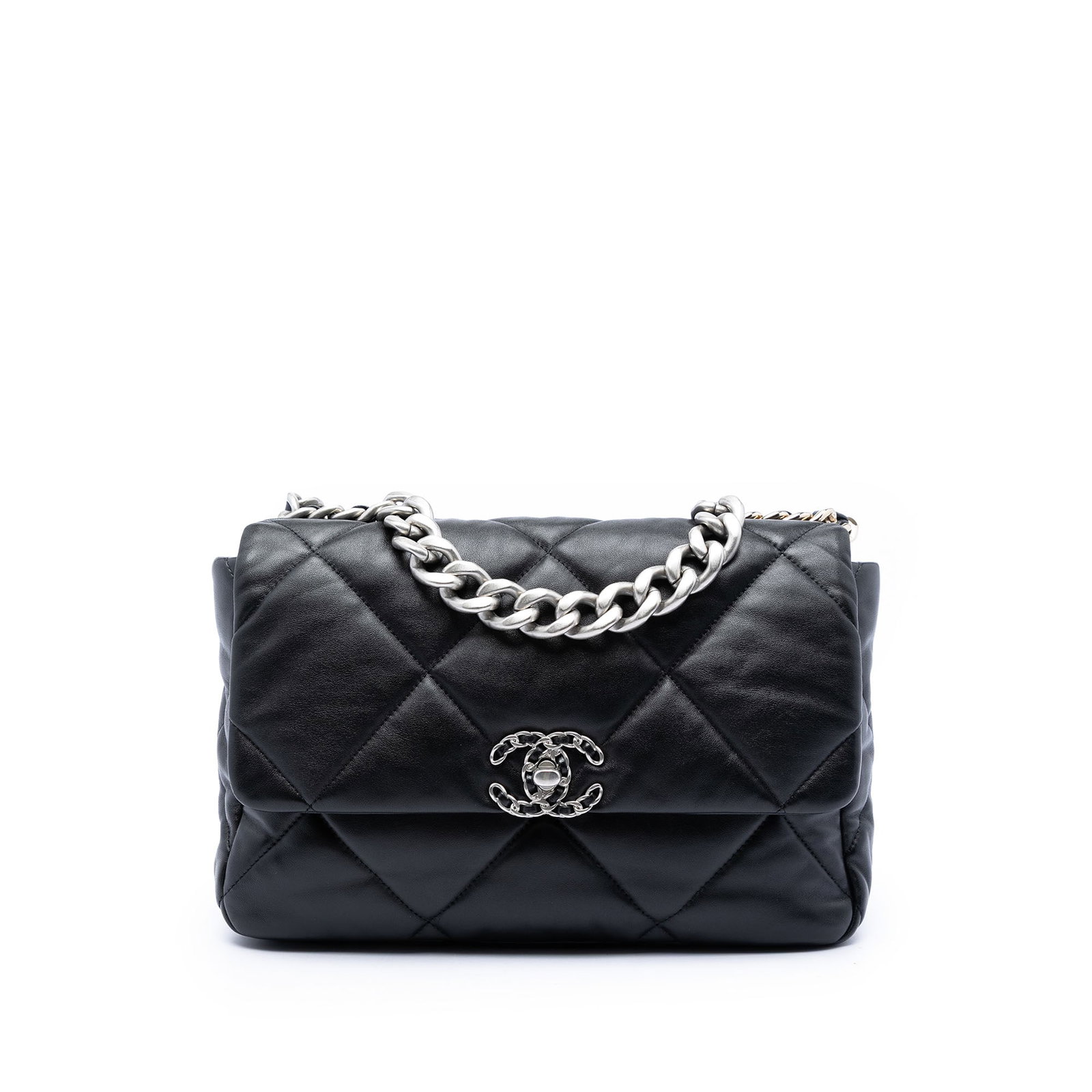 Chanel 19 Large Flap Shoulder Bag Black Lambskin: Chanel 19 Large Flap Shoulder Bag Black Lambskin Chanel Large 19 Flap bag in black quilted lambskin leather. This flap bag features a chain link handle, a woven leather chain link shoulder strap, a CC