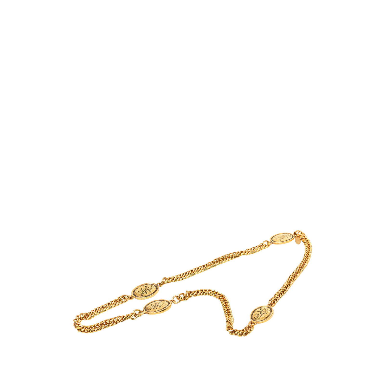 Chanel Crown Medallion Station Necklace Gold Plated CC: Chanel Crown Medallion Station Necklace Gold Plated CC Chanel station necklace featuring a gold-plated chain with crown medallion station details. This costume jewelry piece is made in France and show