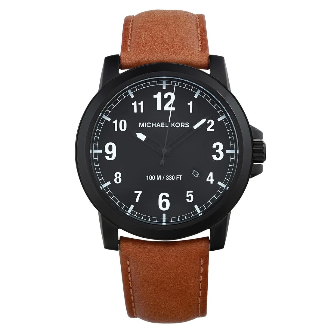 Michael Kors Paxton mens quartz watch black case brown leather strap (1 of 5)