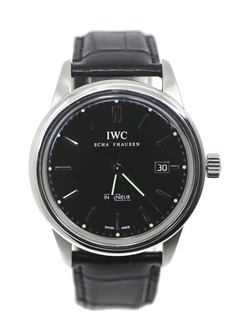 IWC IW323301 Ingenieur automatic wristwatch steel case box papers: IWC IW323301 Ingenieur automatic wristwatch steel case box papers IWC Ingenieur stainless steel wristwatch for men with a black dial, black leather band, and automatic mechanical movement. The watch f