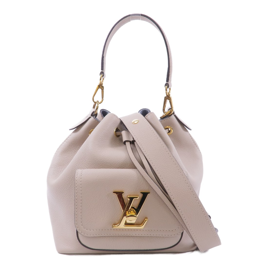 Louis Vuitton Lockme Bucket M57688 Calfskin 2 Way Bag Beige: Louis Vuitton Lockme Bucket M57688 Calfskin 2 Way Bag Beige A Louis Vuitton Lockme Bucket 2 Way Shoulder Bag, model M57688, crafted from calfskin (cowhide) leather in a beige colorway. It features a f