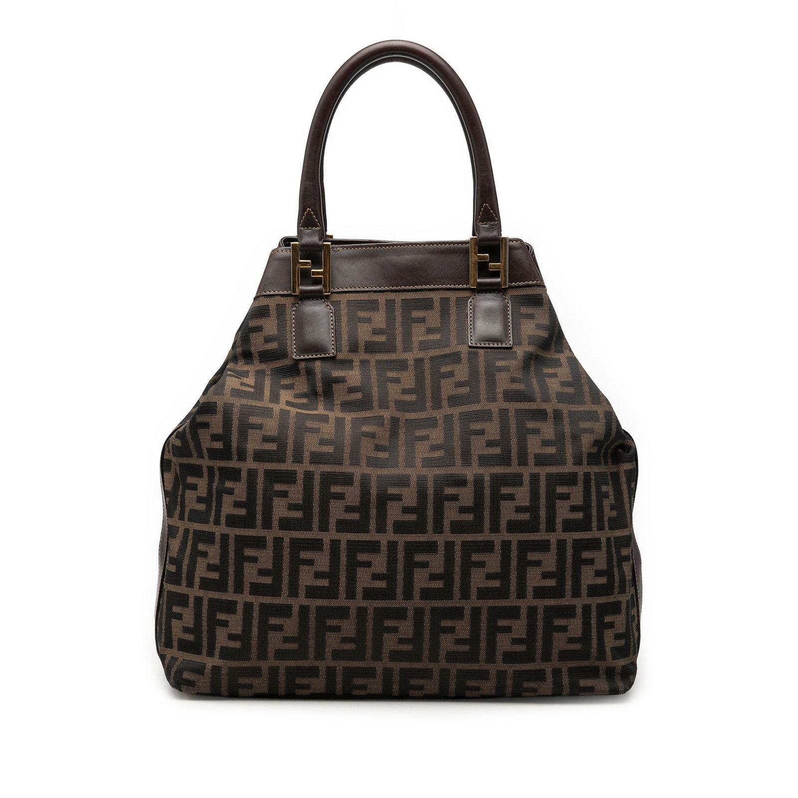 Fendi Zucca Brown Canvas Tote Bag with Leather Trim: Fendi Zucca Brown Canvas Tote Bag with Leather Trim Fendi Zucca canvas tote with leather trim and rolled leather top handles. The bag features an open top with magnetic snap closure and an interior zi
