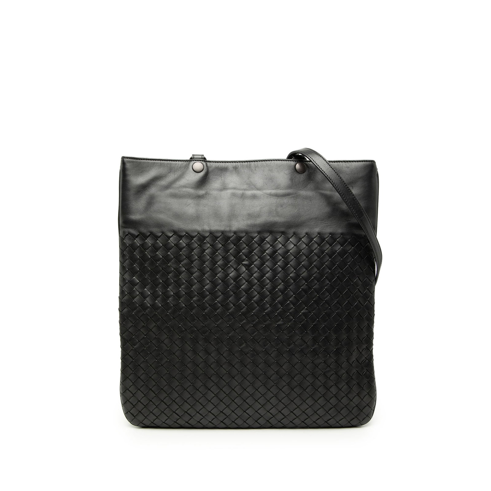 Gray Leather Tote Bottega Veneta Nappa Intrecciato Flat: Gray Leather Tote Bottega Veneta Nappa Intrecciato Flat Bottega Veneta Nappa Intrecciato Flat Tote in gray woven leather. This tote features flat leather handles, an open top with button closures, and