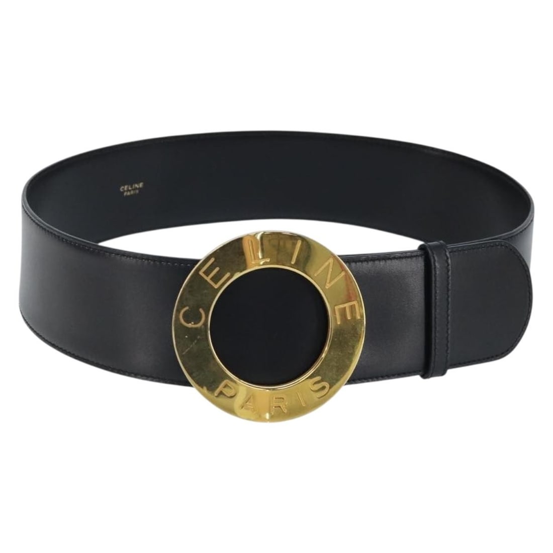 CELINE Circle Leather Belt Black Gold 34.3in Italy: CELINE Circle Leather Belt Black Gold 34.3in Italy Authentic CELINE circle belt in black leather with gold-tone accents. Made in Italy, this women's belt shows reasonable wear and tear consistent with