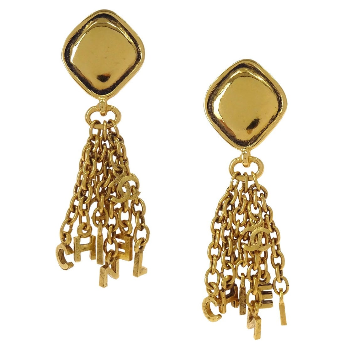 CHANEL Rhombus Fringe Clip On Dangle Earrings Gold Plated: CHANEL Rhombus Fringe Clip On Dangle Earrings Gold Plated Chanel rhombus fringe dangle clip-on earrings in gold plated metal. Made in France, this pair features a drop silhouette with clip-on closures
