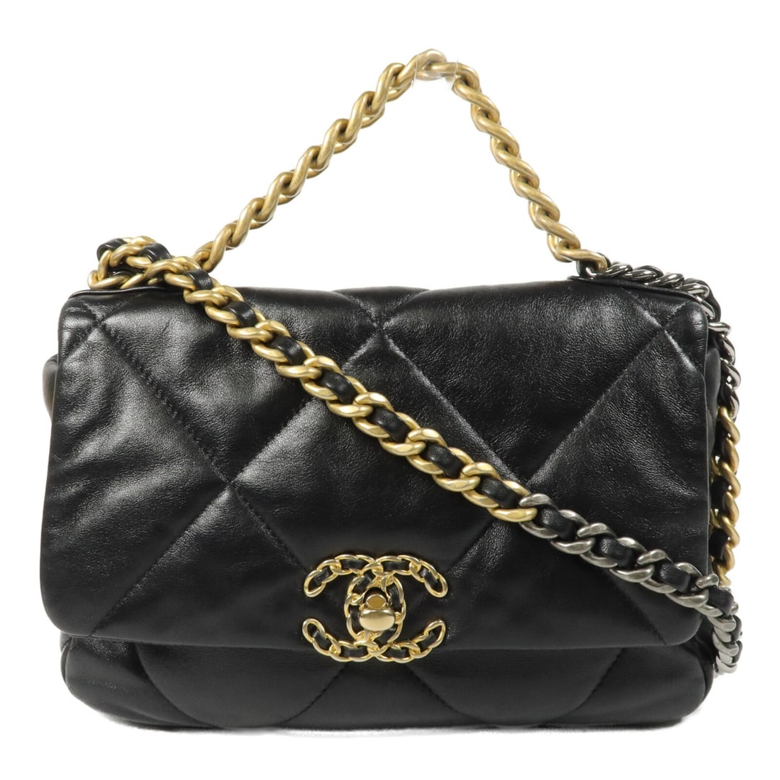 CHANEL C19 CC Lambskin 2 Way Shoulder Bag in Black: CHANEL C19 CC Lambskin 2 Way Shoulder Bag in Black CHANEL CC C19 2 Way Chain Shoulder Bag in black lambskin (sheep leather). This women's regular-size bag is designed as a 2-way shoulder bag and featu