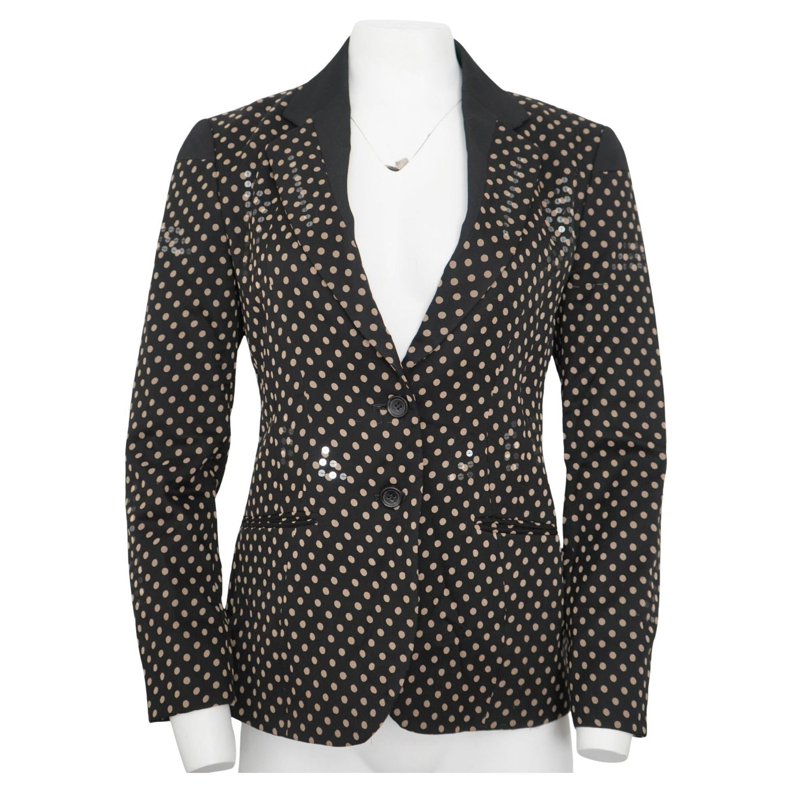 Issey Miyake Black Wool Silk Blazer with Sequined Polka Dots Size 4: Issey Miyake Black Wool Silk Blazer with Sequined Polka Dots Size 4 Issey Miyake black blazer featuring tan polka dots on a sheer silk fabric with selectively placed sequins that reflect through the m