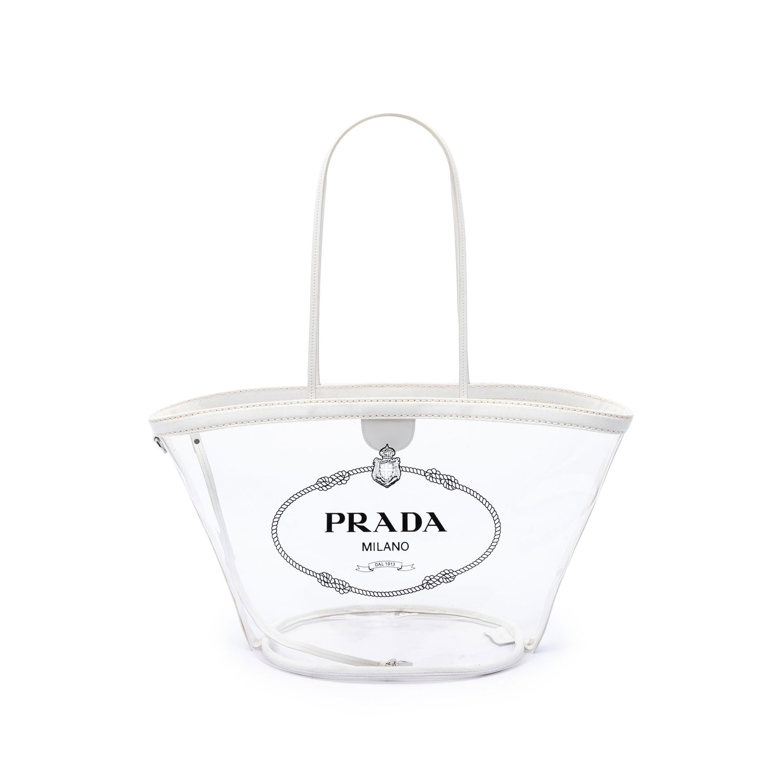 Prada Canapa Logo Shopper Tote in White PVC: Prada Canapa Logo Shopper Tote in White PVC Prada PVC Canapa Logo Shopper Tote with canvas trim and flat straps. The tote features an open top with a magnetic snap closure and includes an interior zip