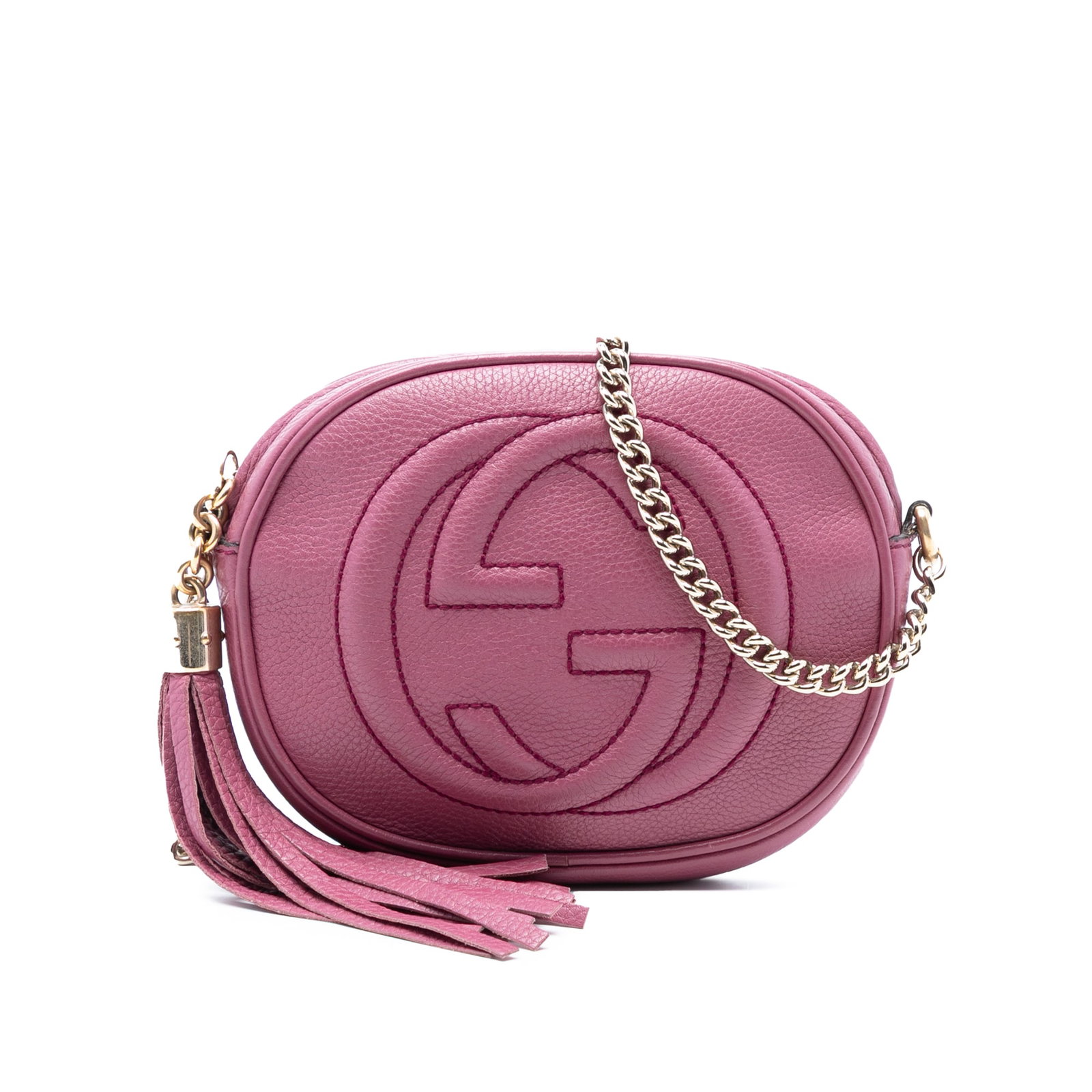 Gucci Soho Mini Leather Chain Crossbody Bag with Tassel Detail: Gucci Soho Mini Leather Chain Crossbody Bag with Tassel Detail This Gucci Mini Pebbled Calfskin Soho Chain Crossbody bag features a pink leather body with a tassel detail, a chain link strap, and a to