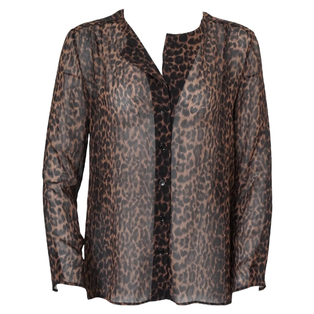 Yves Saint Laurent Leopard Sheer Silk Blouse Button Front: Yves Saint Laurent Leopard Sheer Silk Blouse Button Front A Saint Laurent sheer silk leopard print buttoned top with long sleeves and a 6-button closure. Made in Italy, this piece is from the 2010- pe
