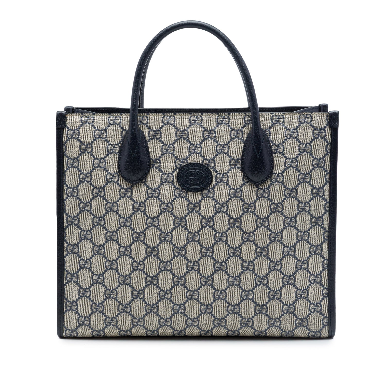 Gucci Interlocking G Small Tote in GG Supreme Canvas: Gucci Interlocking G Small Tote in GG Supreme Canvas Gucci Small GG Supreme Interlocking G Tote satchel with a coated canvas body, leather trim, rolled leather handles, an open top with lobster clasp 