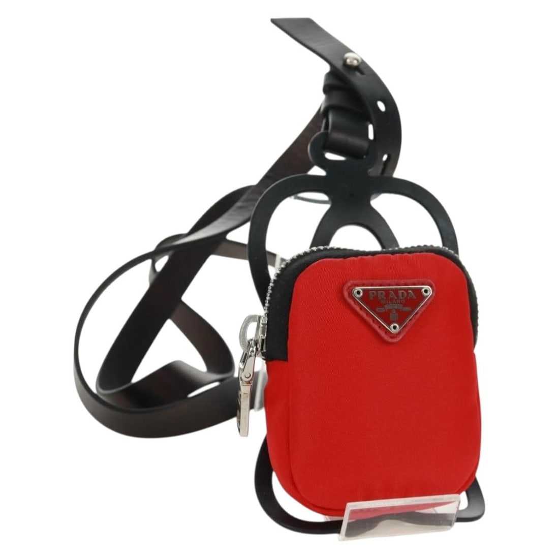 Prada nylon phone holder pouch red silver with box card: Prada nylon phone holder pouch red silver with box card Authentic Prada phone holder neck pouch in red nylon with silver-tone accents. This compact women's pouch includes the item box and guarantee ca