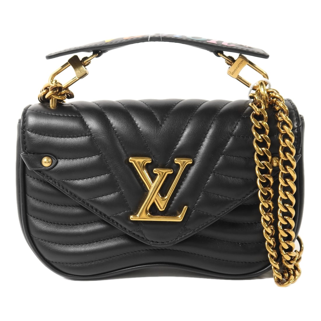 Louis Vuitton New Wave PM M51683 Black Calfskin Chain Shoulder Bag: Louis Vuitton New Wave PM M51683 Black Calfskin Chain Shoulder Bag Louis Vuitton New Wave PM 2 Way Chain Shoulder Bag, model M51683, in black calfskin (cowhide). This women's regular-size bag is made 
