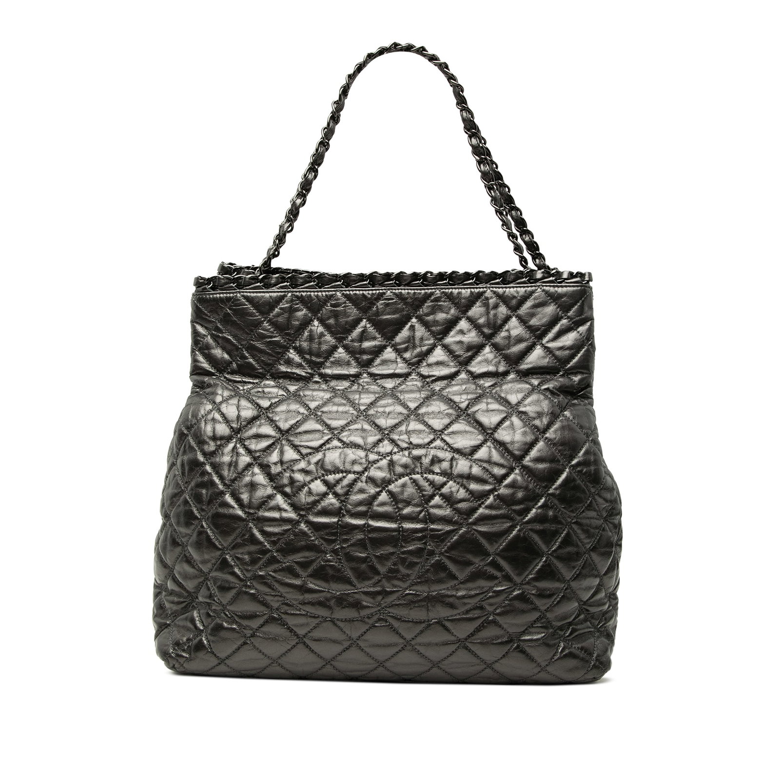 Chanel Chain Me Large Tote in Black Quilted Glazed Calfskin: Chanel Chain Me Large Tote in Black Quilted Glazed Calfskin Large Chanel Chain Me tote crafted in black glazed calfskin with a quilted design and leather-woven chain link straps. The bag features an o