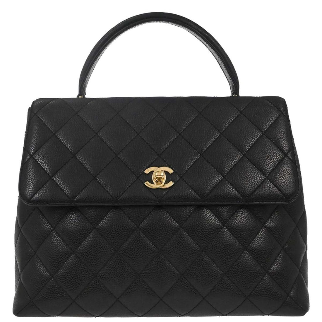 Chanel CC Logos medium top handle flap handbag in black leather: Chanel CC Logos medium top handle flap handbag in black leather Chanel top handle handbag in black caviar skin leather with a flap turnlock closure and CC logo accents. The bag features a blue leather