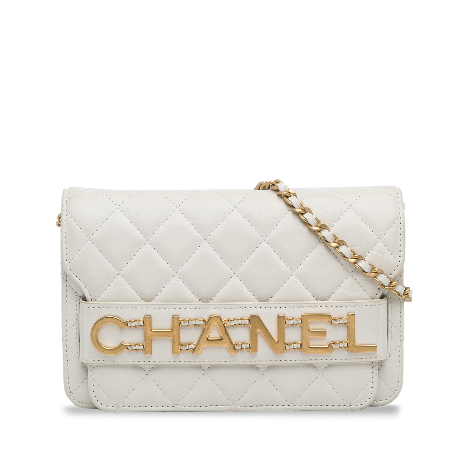 Chanel Enchained White Wallet on Chain in Quilted Lambskin: Chanel Enchained White Wallet on Chain in Quilted Lambskin The Chanel Enchained Wallet on Chain is an elegant accessory crafted from quilted lambskin leather. It features a front flap with a slip-thro