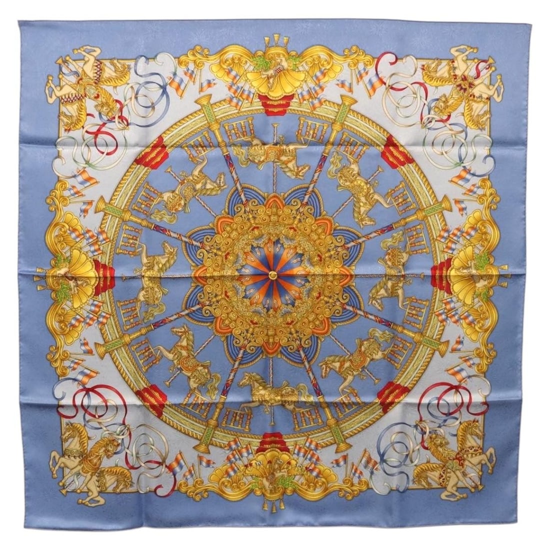 Hermes Carre 90 Blue Silk Scarf Made in France: Hermes Carre 90 Blue Silk Scarf Made in France Authentic Hermes Carre 90 scarf in blue silk. This women's scarf is made in France and comes with its item box. It is in pristine condition with an excel