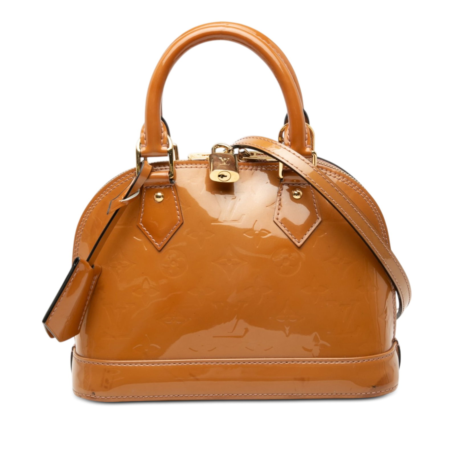 Louis Vuitton Alma BB Monogram Vernis leather bag: Louis Vuitton Alma BB Monogram Vernis leather bag This Louis Vuitton Monogram Vernis Alma BB features a vernis leather body with rolled leather handles and a detachable flat leather strap. It is desig