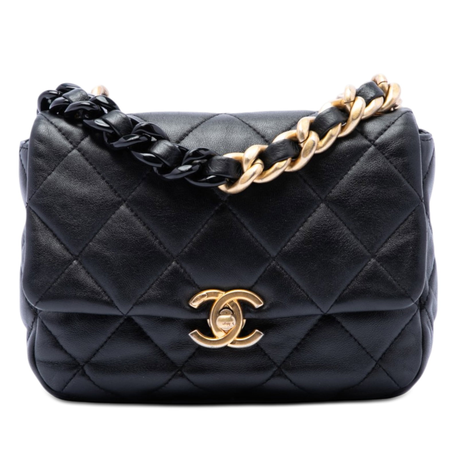 Chanel Candy Chain Mini Flap Crossbody Quilted Black Lambskin: Chanel Candy Chain Mini Flap Crossbody Quilted Black Lambskin Chanel Mini Quilted Lambskin Candy Chain Flap crossbody bag in black quilted lambskin leather. It features a leather-woven chain strap, a 