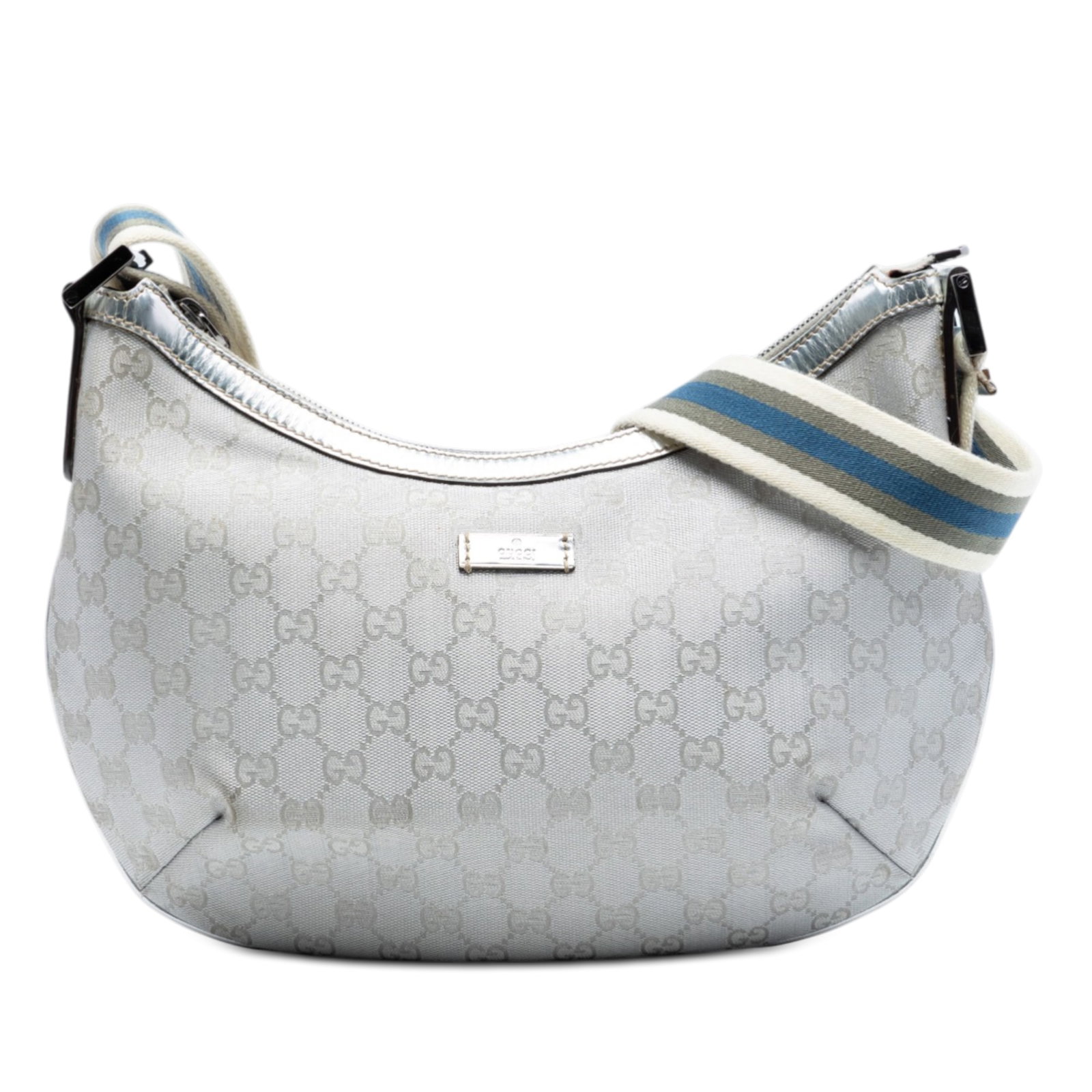 Gucci GG Imprime Web Silver Coated Canvas Crossbody Shoulder Bag: Gucci GG Imprime Web Silver Coated Canvas Crossbody Shoulder Bag This Gucci GG Imprime Web Crossbody is crafted from coated canvas with leather trim, featuring a flat strap, top zip closure, and an in
