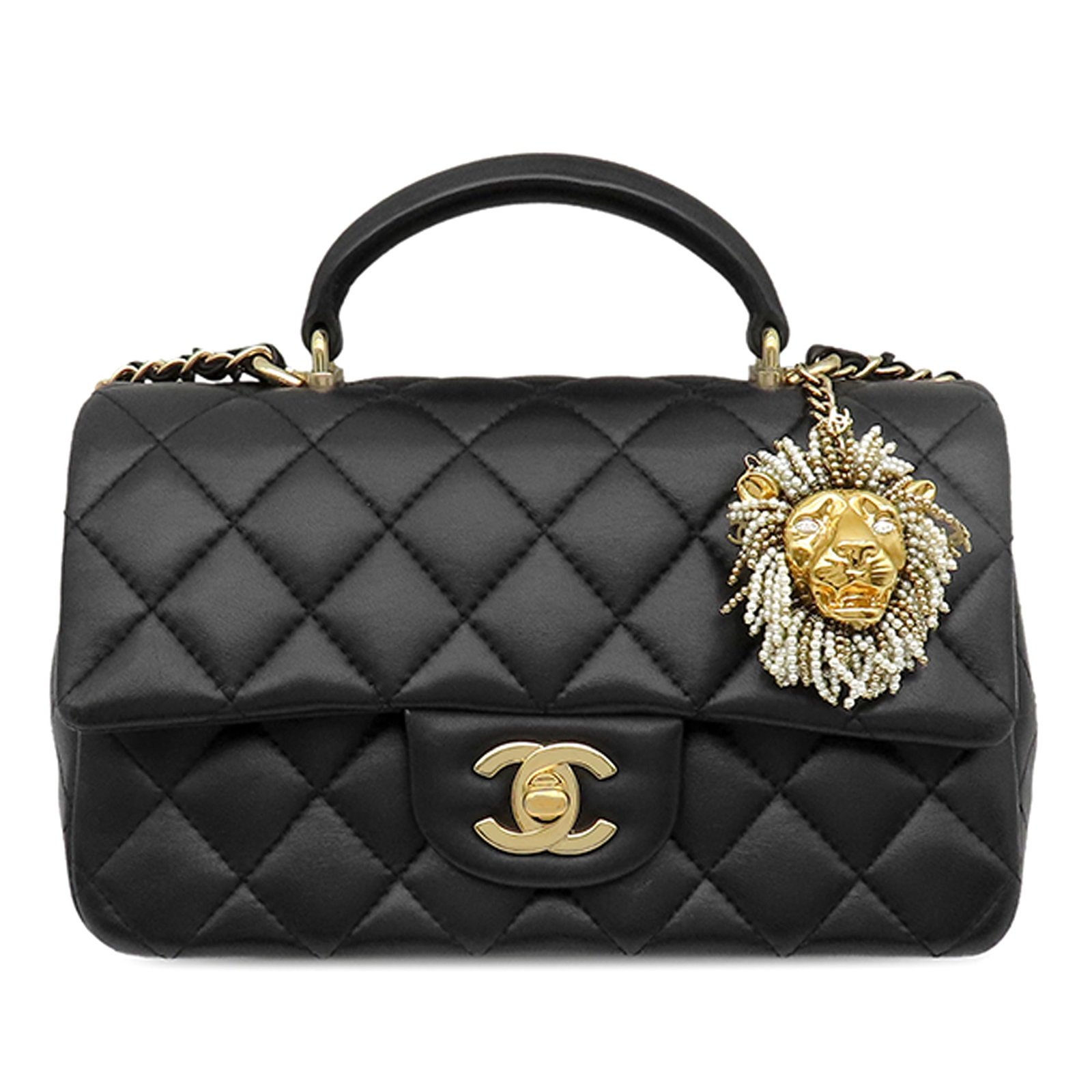 Chanel Mini Rectangular Classic Flap Top Handle Bag Lambskin: Chanel Mini Rectangular Classic Flap Top Handle Bag Lambskin Mini rectangular flap satchel crafted in quilted lambskin leather with a top handle and leather-woven chain strap. The design features a fr
