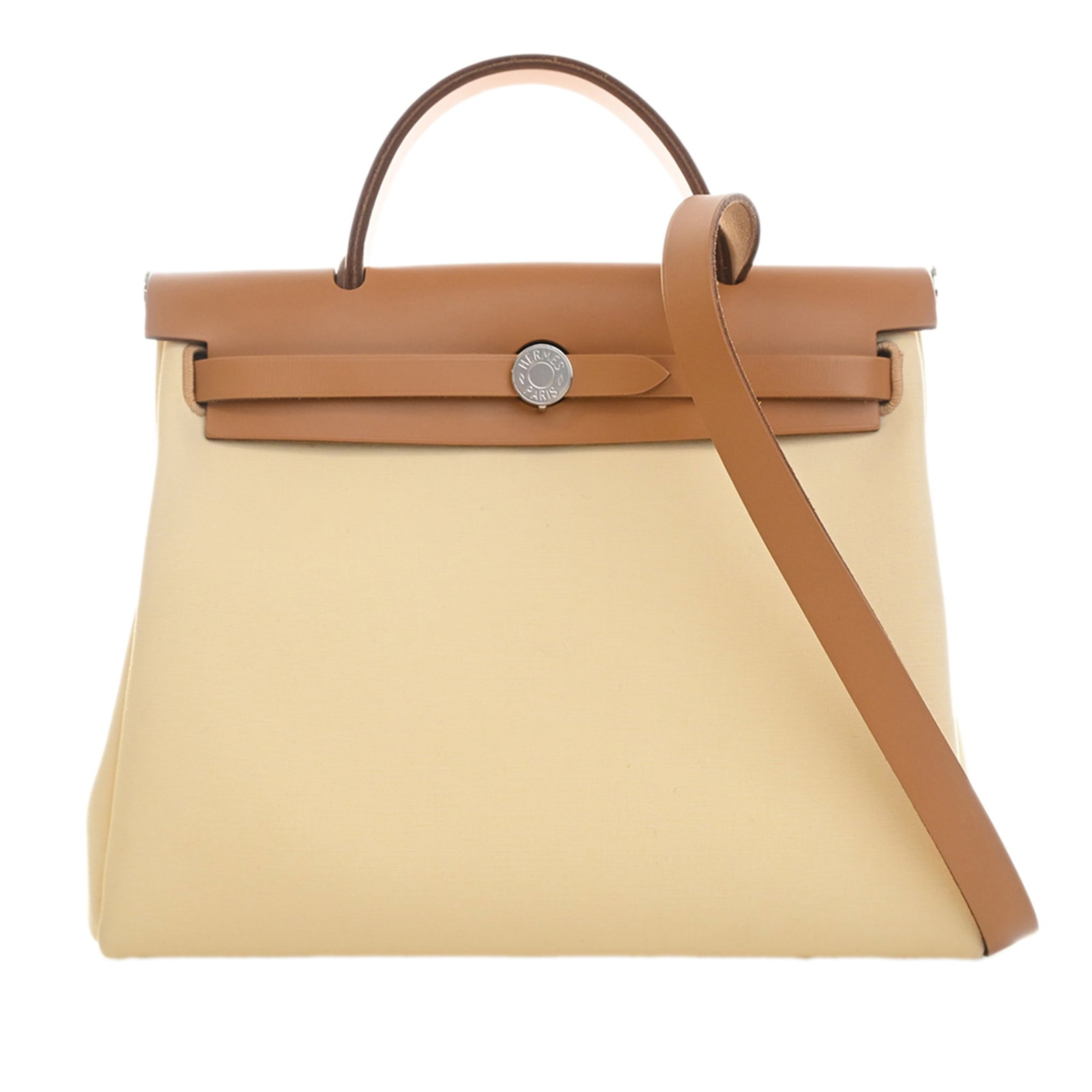 Hermes Herbag Zip 31 canvas handbag with leather trim: Hermes Herbag Zip 31 canvas handbag with leather trim Hermes Toile Herbag Zip 31 bag with a canvas body and leather trim. It features a clochette, a flat leather top handle, a flat leather shoulder st