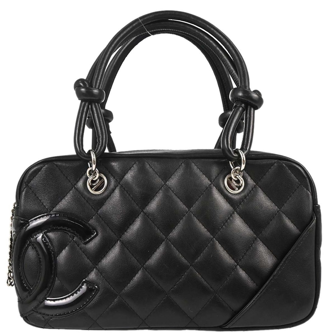 CHANEL Cambon Ligne Mini Top Handle Bag Black Calfskin: CHANEL Cambon Ligne Mini Top Handle Bag Black Calfskin Chanel Cambon Ligne mini top handle handbag in black calfskin leather with quilted logo accents and a pink canvas lining. This women's bag featur